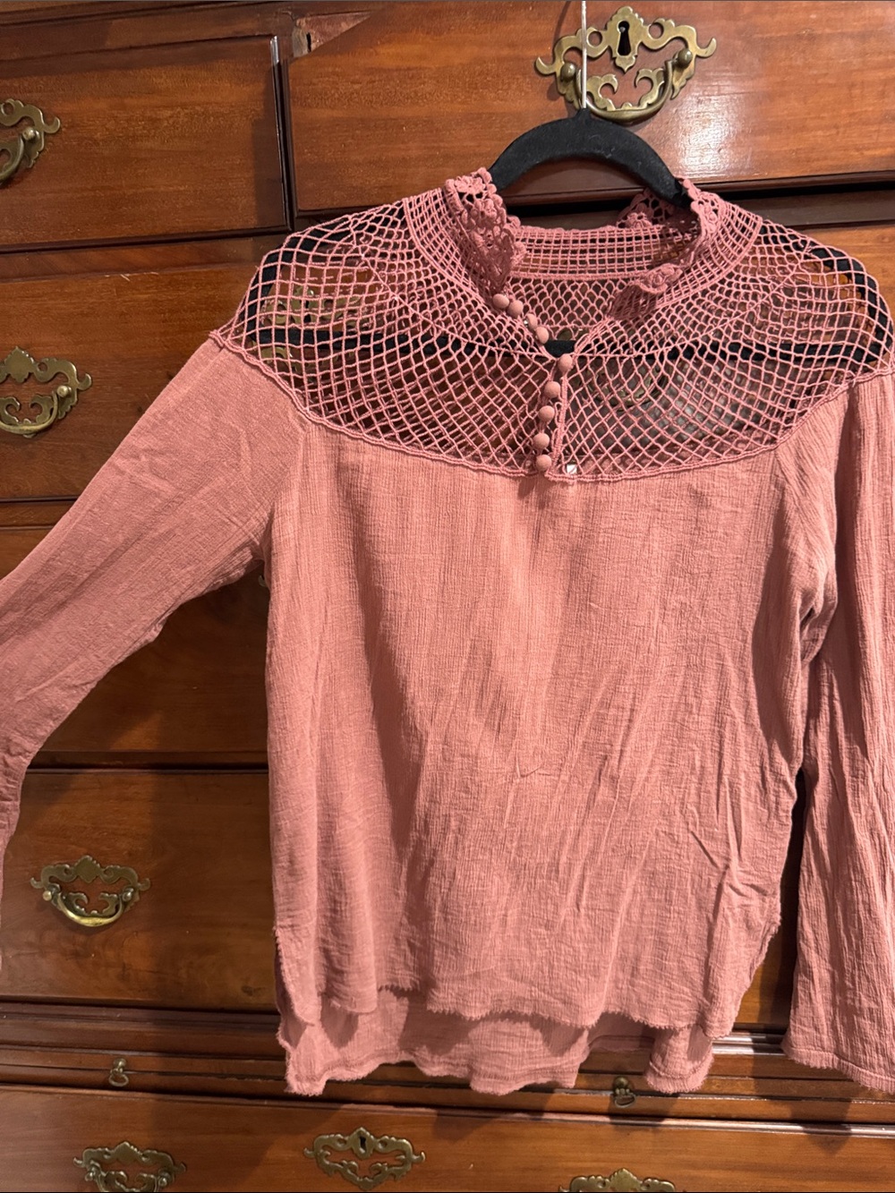 Free People Rose Dusty Pink Crochet Yoke Long Sleeve Top